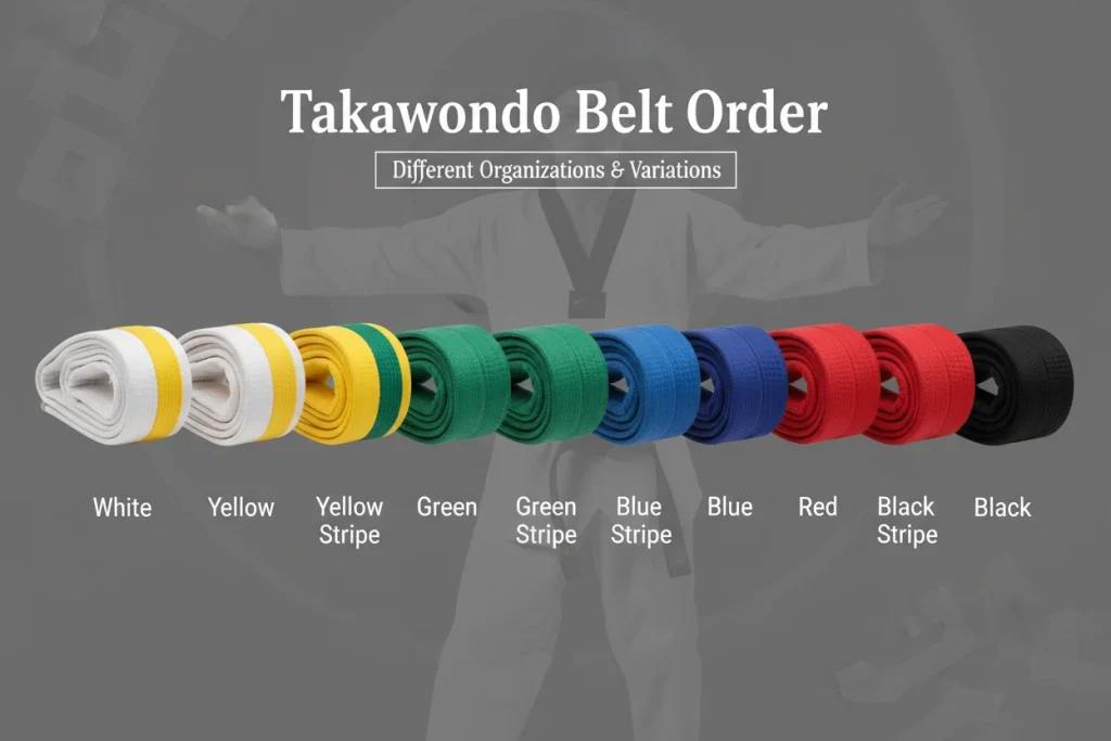 Taekwondo belt order progression from white to black belt showing different organizations and belt ranking variations